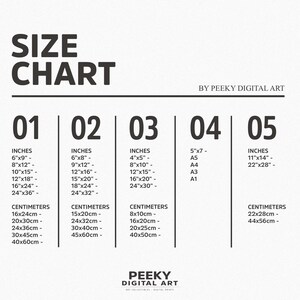 May include: A black and white size chart by Peeky Digital Art featuring five numbered columns. Each column lists various dimensions in inches and centimeters for art prints, including specific ratios like 6x9, 8x12, 10x15, 12x18, 16x24, 24x36, 6x8, 9x12, 12x16, 15x20, 18x24, 24x32, 4x5, 8x10, 12x15, 16x20, 24x30, 5x7, 11x14, 22x28, A5, A4, A3, and A1.