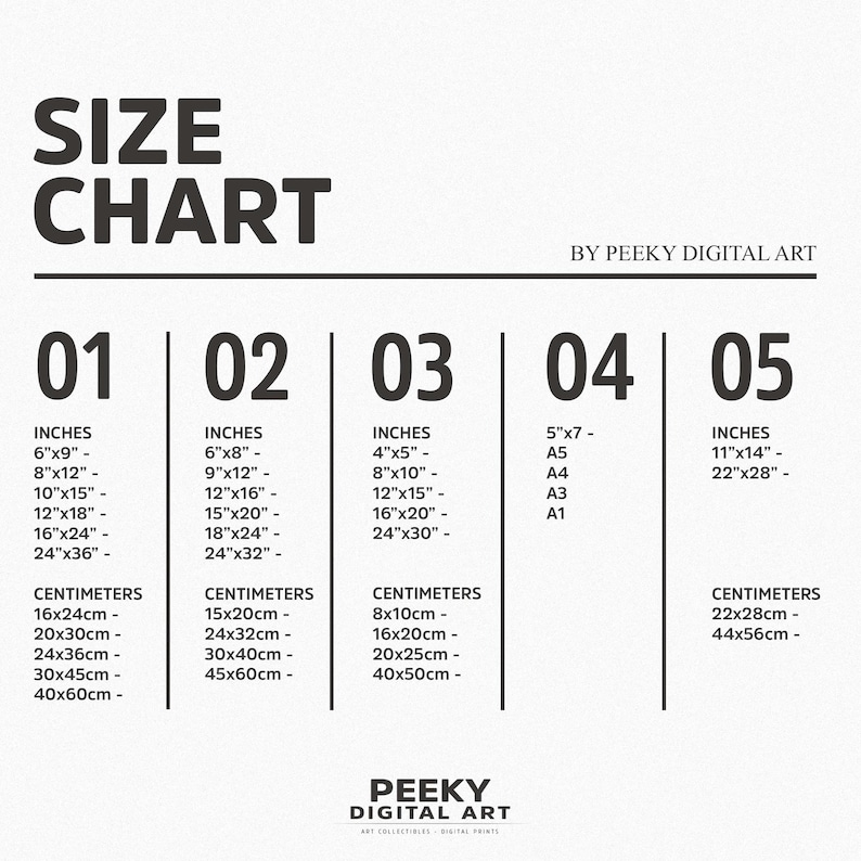May include: A black and white size chart by Peeky Digital Art featuring five numbered columns. Each column lists various dimensions in inches and centimeters for art prints, including specific ratios like 6x9, 8x12, 10x15, 12x18, 16x24, 24x36, 6x8, 9x12, 12x16, 15x20, 18x24, 24x32, 4x5, 8x10, 12x15, 16x20, 24x30, 5x7, 11x14, 22x28, A5, A4, A3, and A1.