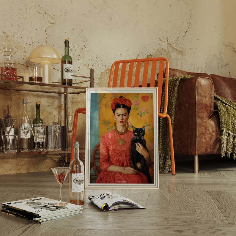 frida kahlo portrait with black cat