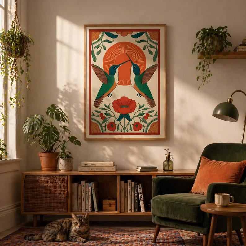 May include: A framed art print depicting two hummingbirds, with a red flower and orange sun in the background. The birds have green bodies and brown wings. The frame is a light brown colour.