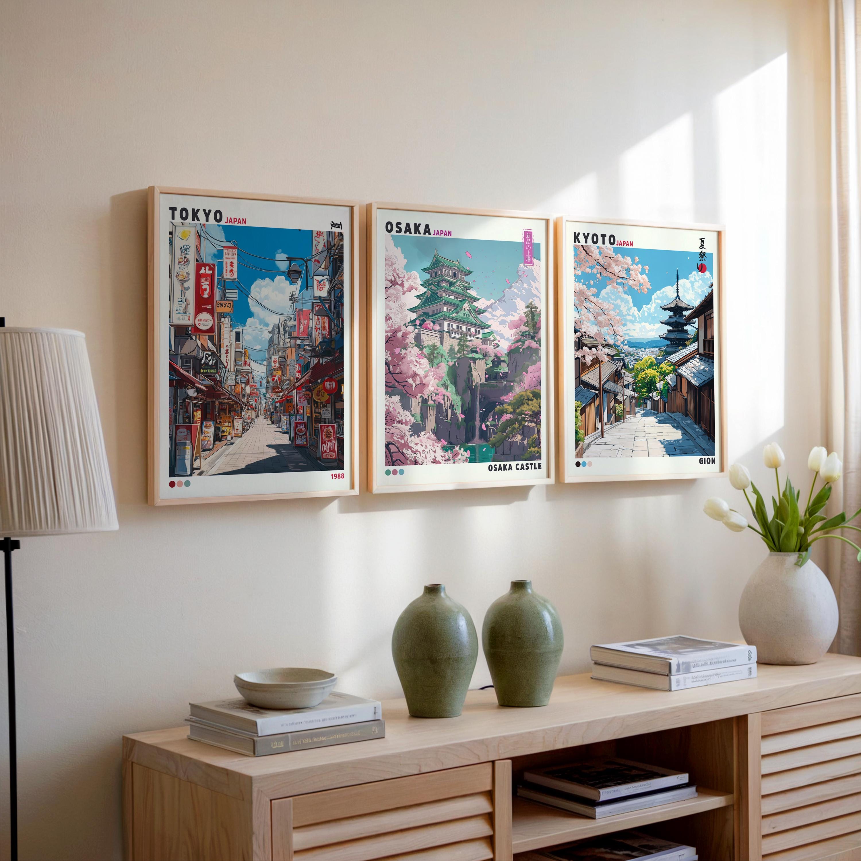 Japanese Wall Art Set of 3 Print, Tokyo Kyoto Osaka Poster