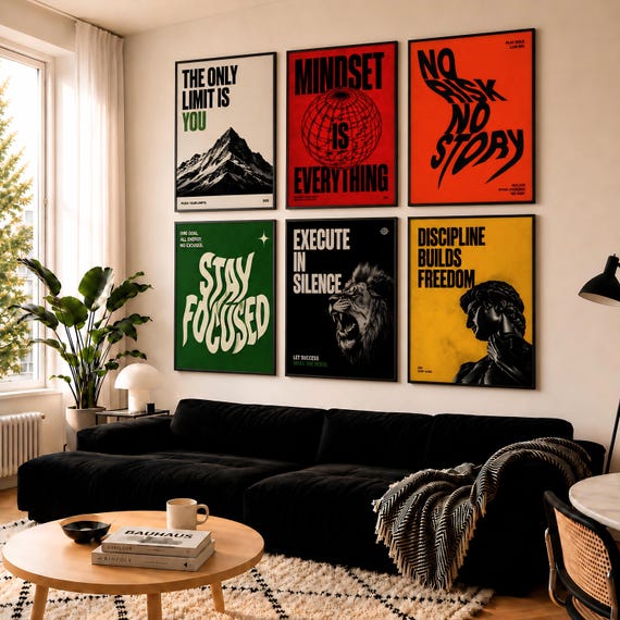 Motivational Mindset Posters Set of 6, Modern Typography Prints, Gym Office Decor, Discipline Success Quotes Wall Art