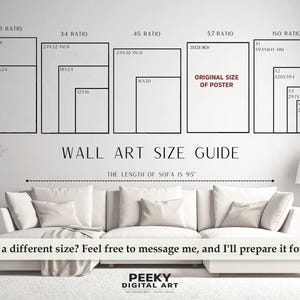 May include: Wall art size guide with dimensions in inches and millimeters, including 24x36, 16x24, 24x32, 18x24, 12x16, 24x30, 16x20, and 20x28 inches, plus A1, A2, A3, and A4 sizes. The sofa's length is 241 cm.