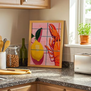 gift for her, housewarming gift, kitchen art, kitchen prints, kitchen wall art, bar cart decor, kitchen art print, food print, lobster print, retro kitchen print, digital download, food art, beachy room decor