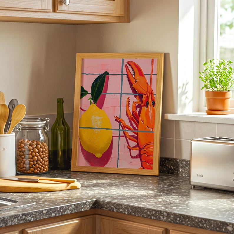 gift for her, housewarming gift, kitchen art, kitchen prints, kitchen wall art, bar cart decor, kitchen art print, food print, lobster print, retro kitchen print, digital download, food art, beachy room decor
