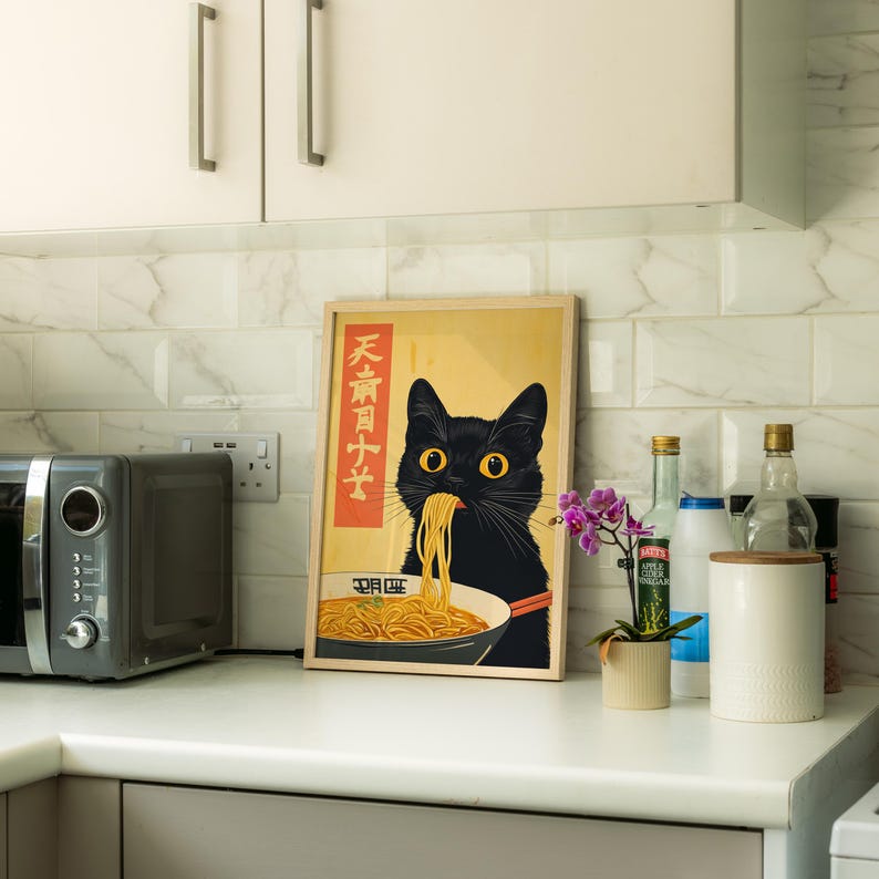 Cute Black Cat Eating Ramen Wall Art, Japanese Kitchen Wall Art, Noodle ...