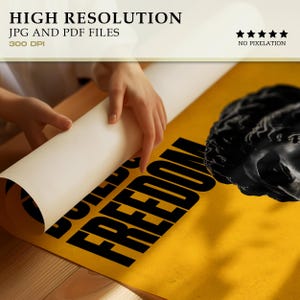 K&ouml;nnte beinhalten: Gelbes Poster mit dem schwarzen Schriftzug "BUILD FREEDOM". Es zeigt auch eine schwarze Skulptur eines Kopfes. Oben steht "HIGH RESOLUTION JPG AND PDF FILES 300 DPI".