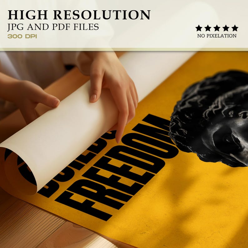 K&ouml;nnte beinhalten: Gelbes Poster mit dem schwarzen Schriftzug "BUILD FREEDOM". Es zeigt auch eine schwarze Skulptur eines Kopfes. Oben steht "HIGH RESOLUTION JPG AND PDF FILES 300 DPI".
