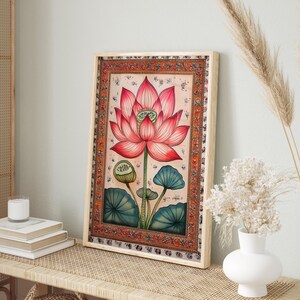 Red Lotus Art Print, Indian Wall Art, Vintage Botanical Prints