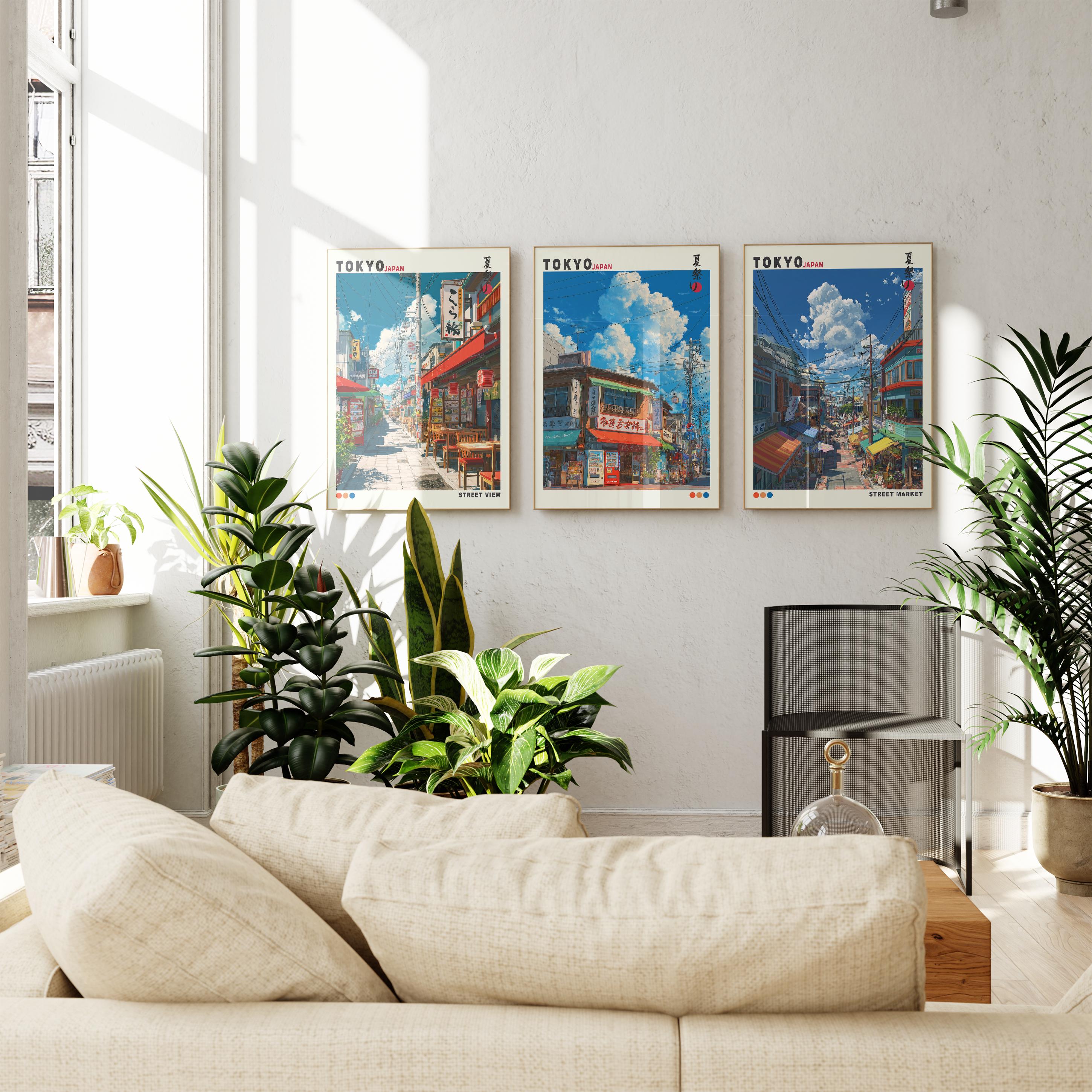 Tokyo Market Wall Art Set of 3, Japanese Street Print, Modern