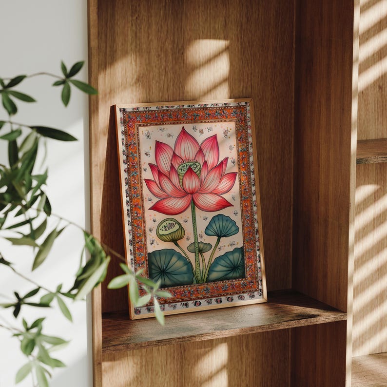 Red Lotus Art Print, Indian Wall Art, Vintage Botanical Prints