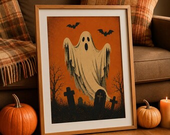 Vintage Ghost Halloween Print, Retro Halloween Wall Art, Spooky Ghost Poster, Orange Halloween Decor