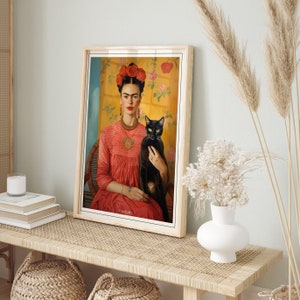 frida kahlo portrait with black cat