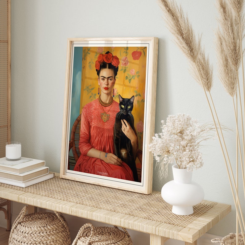 frida kahlo portrait with black cat