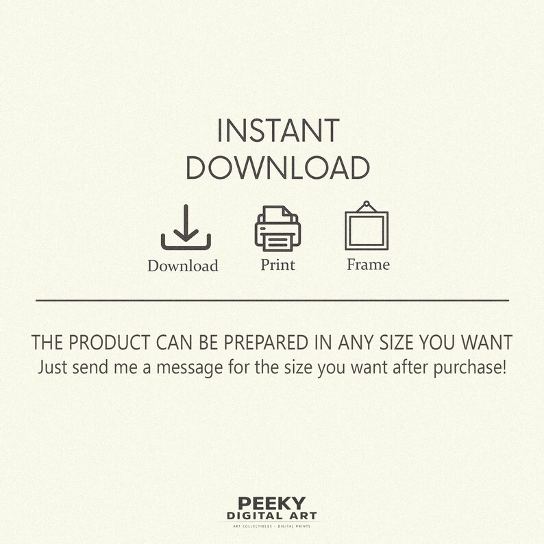 Op de afbeelding: Direct download van een digitale kunstprint. Het product kan in elke gewenste maat worden gemaakt. Stuur gewoon een bericht met de gewenste maat na aankoop. Peekey Digital Art.