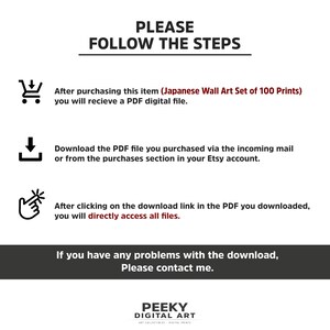Puede incluir: Gr&aacute;fico blanco con texto negro que detalla los pasos para descargar un archivo PDF despu&eacute;s de comprar arte mural japon&eacute;s. El texto dice "POR FAVOR, SIGA LOS PASOS". La imagen incluye un logotipo de Peeky Digital Art.