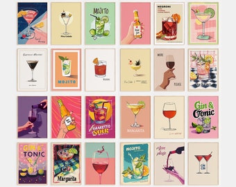 Cocktail Prints Set Of 24, Cocktail Poster, Bar Cart Prints, Cocktail Wall Art, Bar Cart Art, Kitchen Wall Art, Digital Download