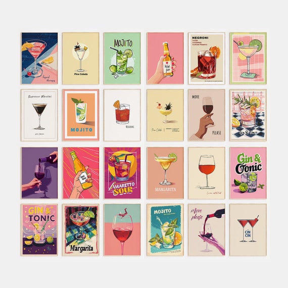 Cocktail Prints Set Of 24, Cocktail Poster, Bar Cart Prints, Cocktail Wall Art, Bar Cart Art, Kitchen Wall Art, Digital Download