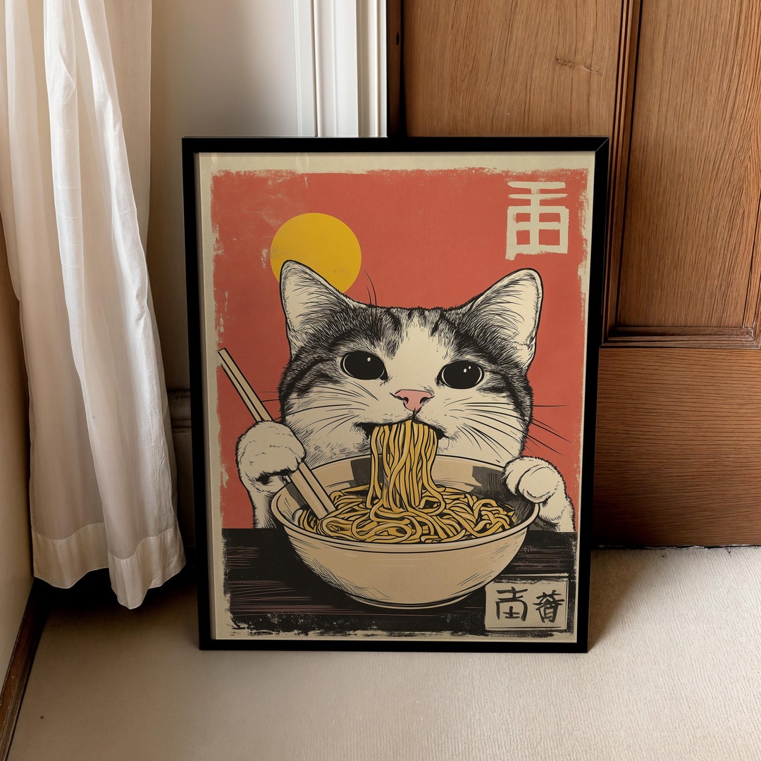 Vintage Cat Eating Ramen Print, Japanese Wall Art, Noodle Lover Gift ...