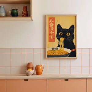 Cute Black Cat Eating Ramen Wall Art, Japanese Kitchen Wall Art, Noodle ...