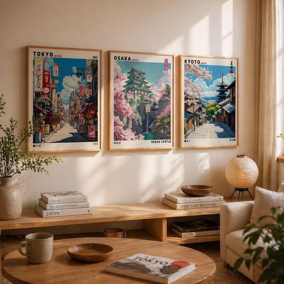 Japanese Wall Art Set of 3 Print, Tokyo Kyoto Osaka Poster