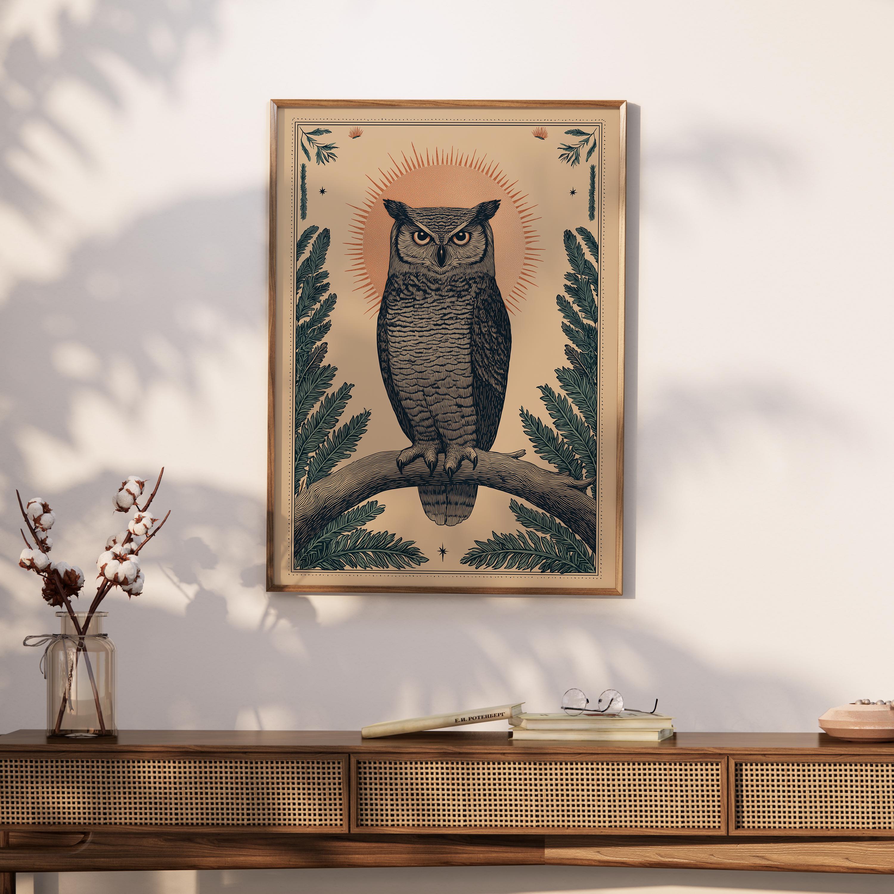 Owl Folk Art Print, Vintage Great Horned Owl Poster, Rustic Forest ...