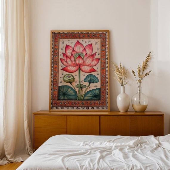 Red Lotus Art Print, Indian Wall Art, Vintage Botanical Prints, Pink Lotus Flower, Vintage Indian Art, Gallery Wall Art
