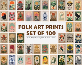 Folk Art Prints Set of 100, Hummingbird, Lily of the Valley, Scandinavian Folk Art, Polish and Mexican and Folk Art, Whimsical Nature Decor