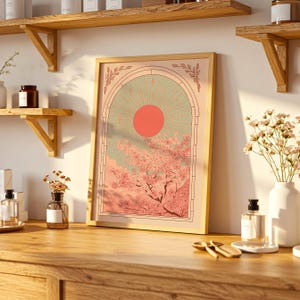 Cherry Blossom Folk Art Wall Art Print, Sunrise Sakura Tree Vintage Poster, Farmhouse Decor, Folk Art Prints, Japanese Wall Art