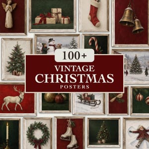 May include: A collection of 100+ vintage Christmas posters featuring various holiday imagery including a white angel, wrapped gifts, a red stocking, brass bells, a decorated tree, a snowman, a candy cane, a reindeer, a sled, and ice skates.