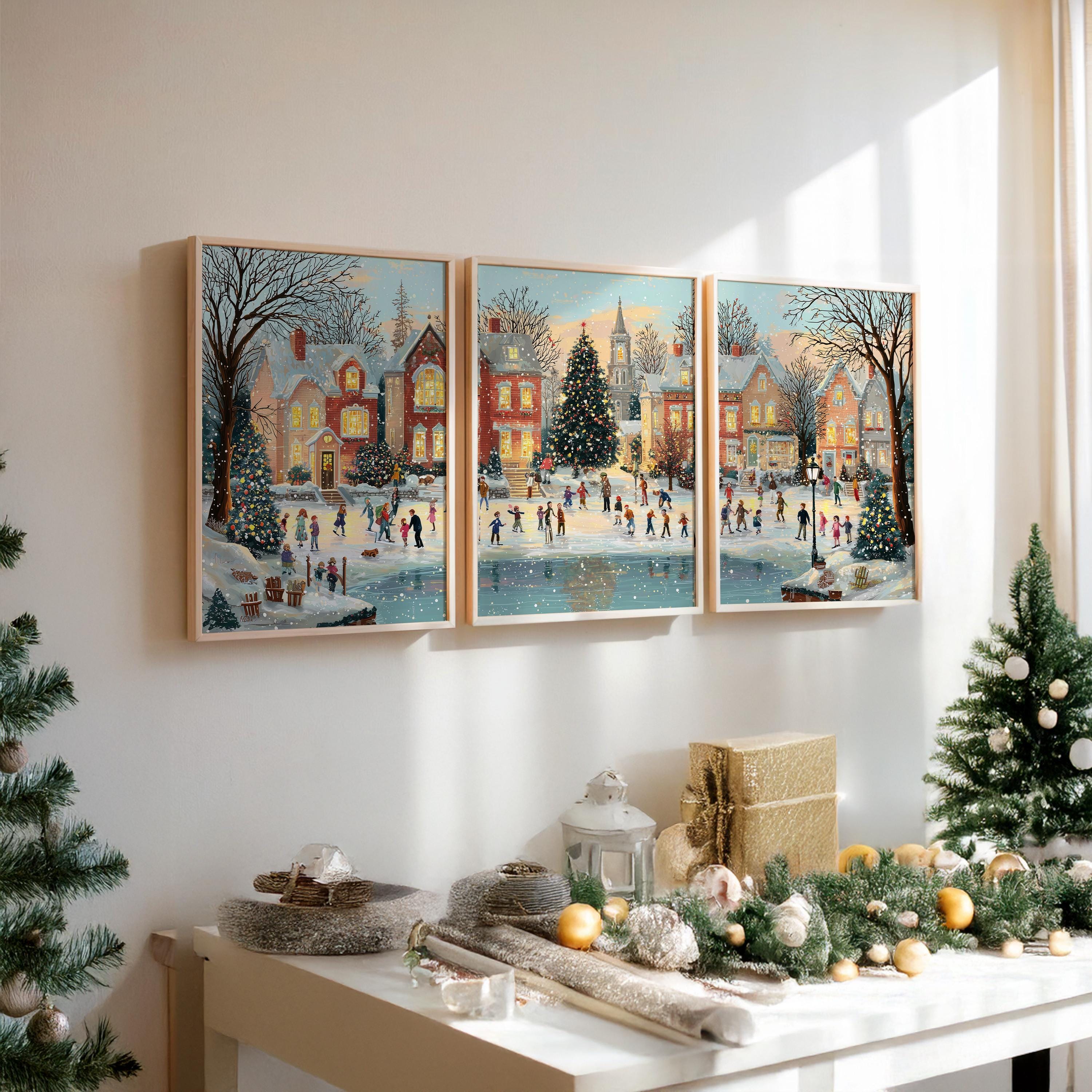 Vintage Christmas Village Set of 3, Winter Holiday Wall Art Prints ...
