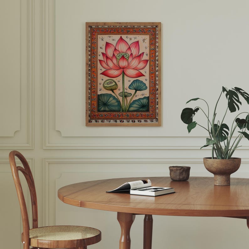 Red Lotus Art Print, Indian Wall Art, Vintage Botanical Prints