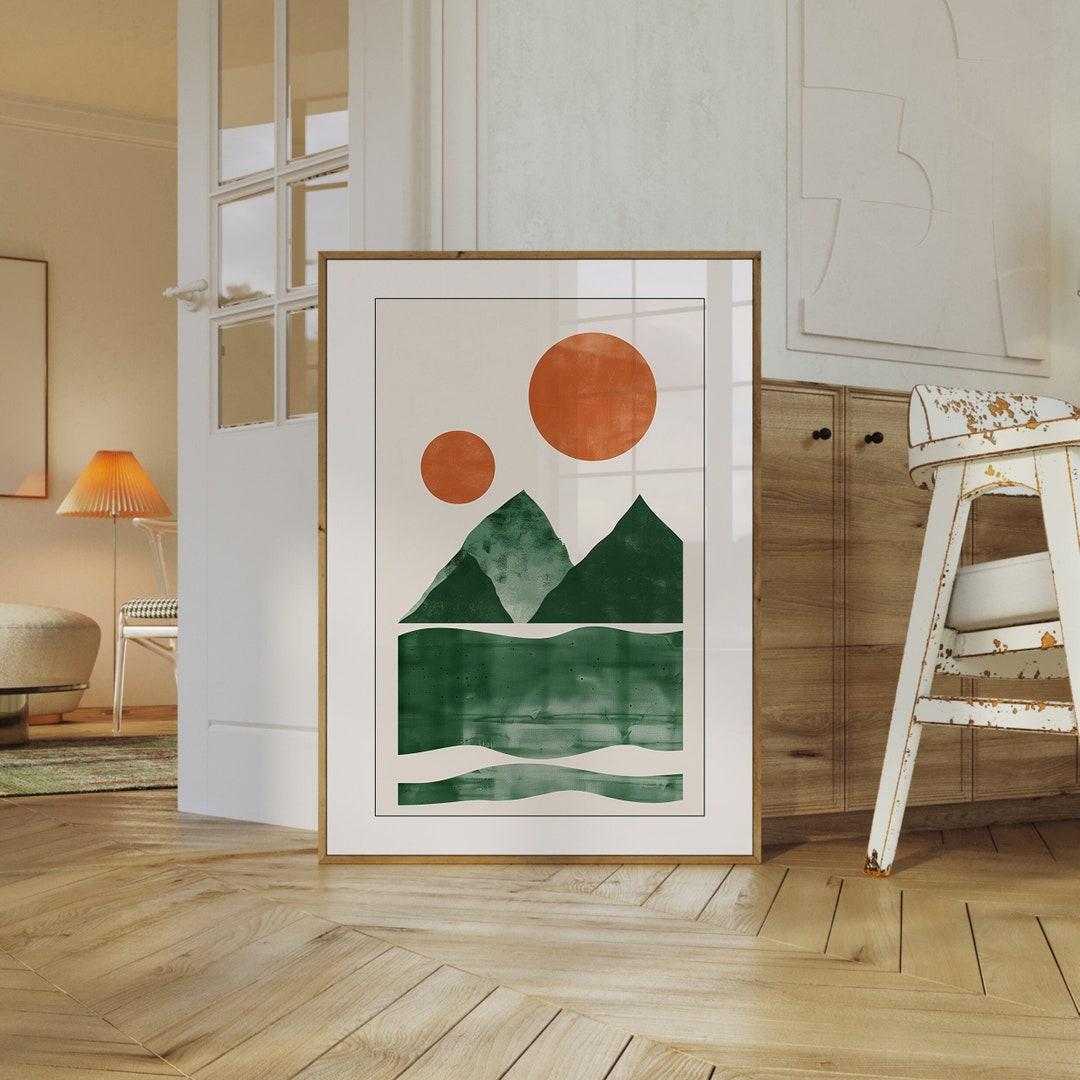 Green Abstract Landscape Poster, Boho Art Print, Abstract Mountain ...