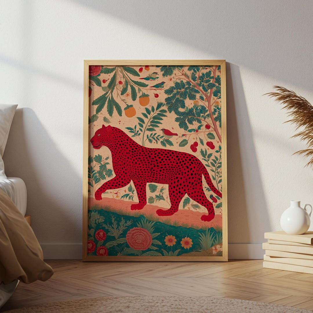 Red Leopard Folk Art Print: Vintage Jungle Animal Poster (digital