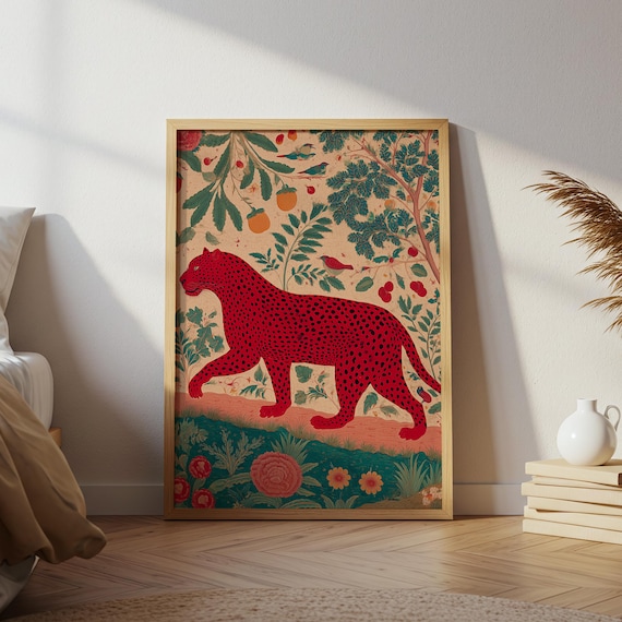 Red Leopard Folk Art Print: Vintage Jungle Animal Poster (digital