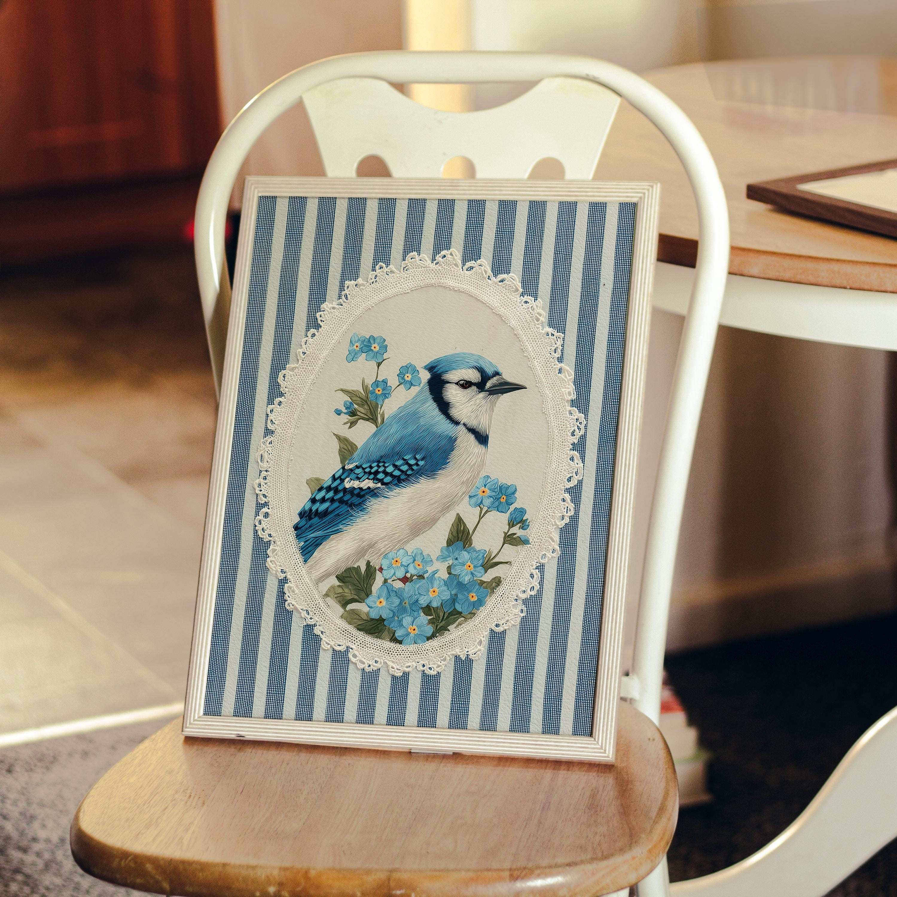 Blauhäher und Vergissmeinnicht Wandkunst, Grandmillennial Vogel Druck, Blaues Blumen Poster, Gestreiftes Vintage Cottagecore Dekor
