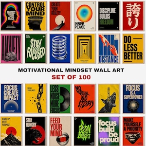 100 Motivational Mindset Poster Set, Discipline and Focus Prints, Gallery Wall Set, Modern Masculine Printable Wall Art