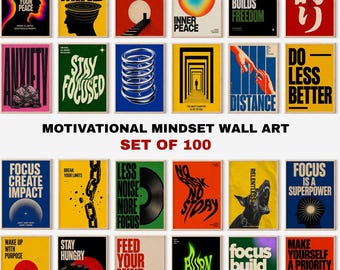 100 posterset met motiverende mentaliteit, discipline en focus prints, galeriewandset, moderne mannelijke afdrukbare muurkunst