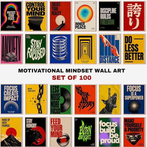 100 Motivational Mindset Poster Set, Discipline and Focus Prints, Gallery Wall Set, Modern Masculine Printable Wall Art