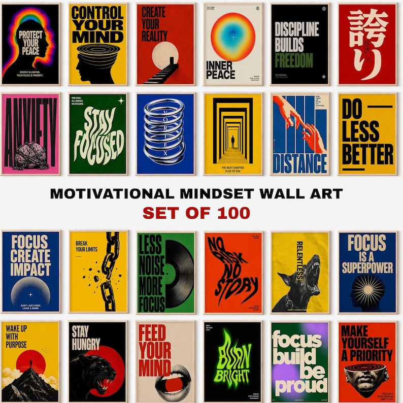 100 motivationsaffischer med motivation, disciplin- och fokustryck, tavelväggsset, utskrivbar modern maskulin väggkonst bild 1