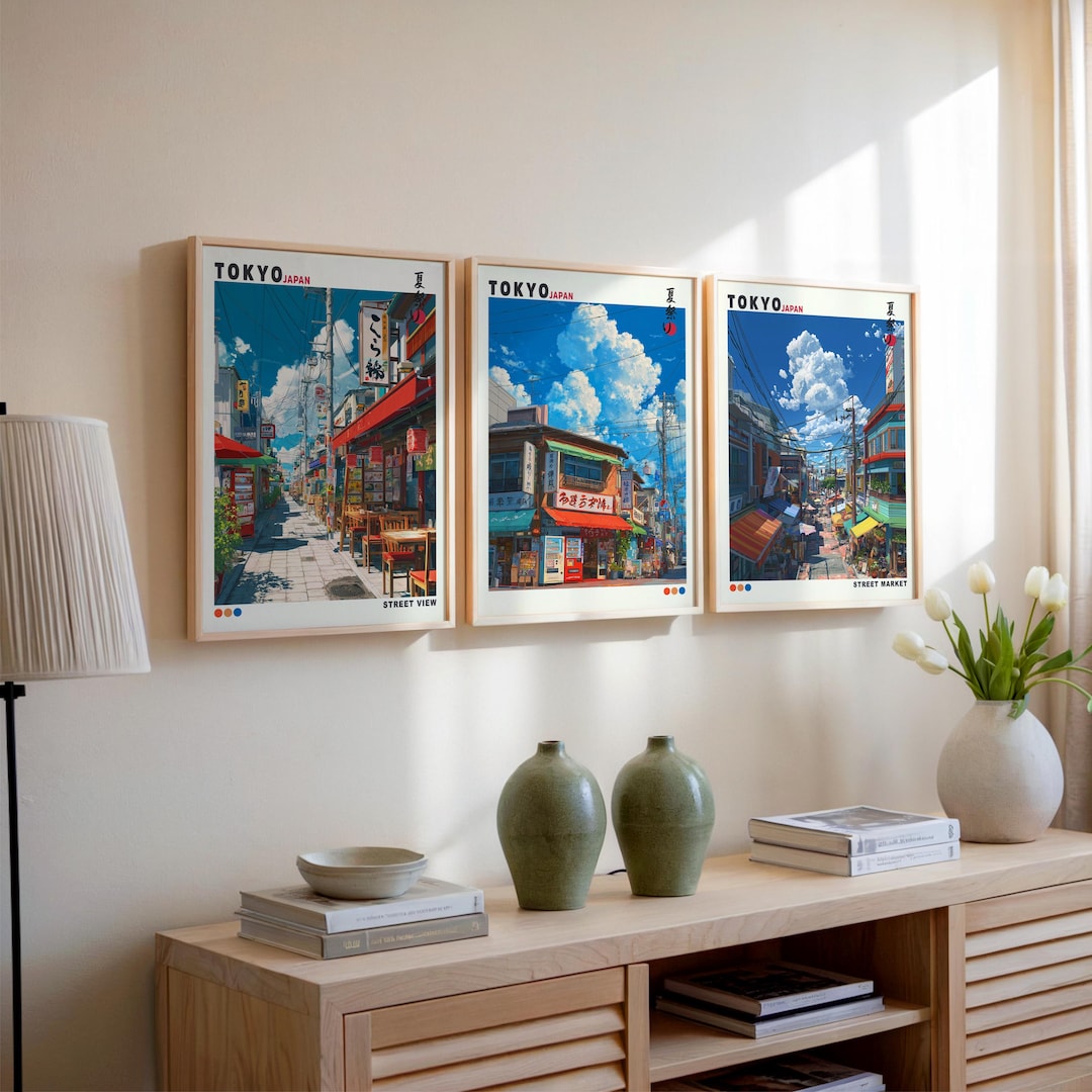 Tokyo Market Wall Art Set of 3, Japanese Street Print, Modern
