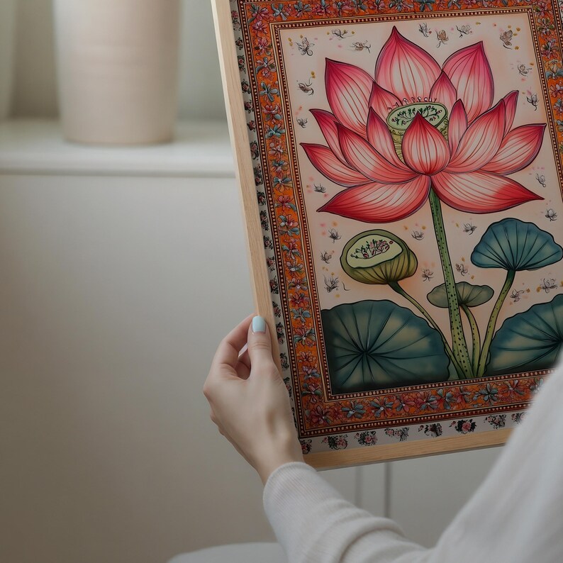 Red Lotus Art Print, Indian Wall Art, Vintage Botanical Prints