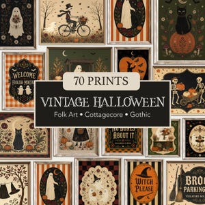 May include: A collection of 70 prints featuring vintage Halloween imagery, including ghosts, skeletons, black cats, pumpkins, and witches. The artwork displays various scenes with text such as Welcome Foolish Mortals, Witch Please, and Broom Parking.