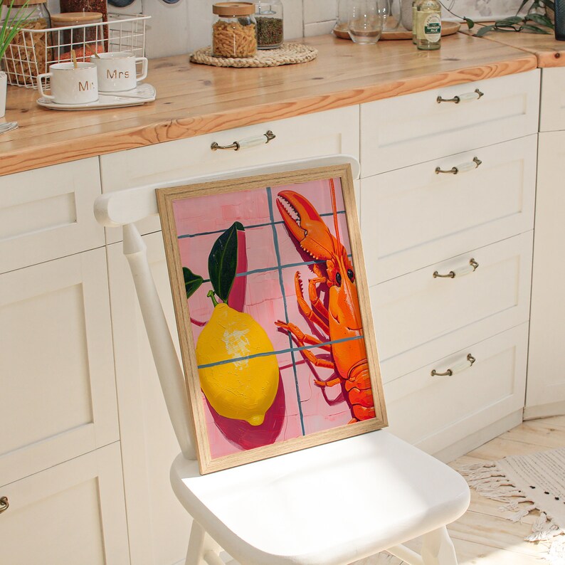 gift for her, housewarming gift, kitchen art, kitchen prints, kitchen wall art, bar cart decor, kitchen art print, food print, lobster print, retro kitchen print, digital download, food art, beachy room decor