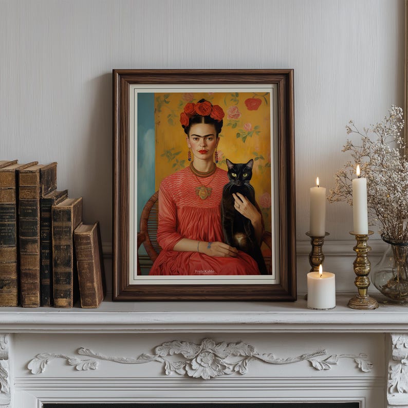 Frida Kahlo Portrait with Black Cat, Frida Khalo, Frida Kahlos Print, Mexican Art, Feminist Art Print, Printable Wall Art image 2