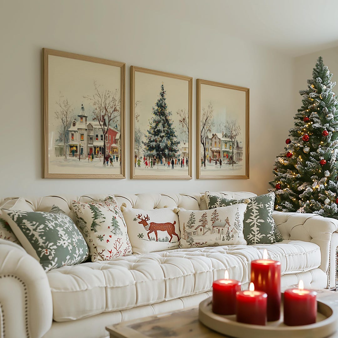 Vintage Christmas Village Set of 3, Snowy Winter Town Wall Art, Holiday ...