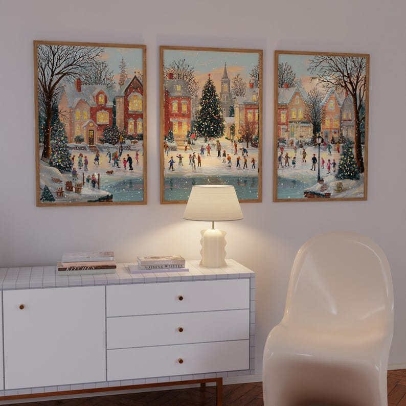 Vintage Christmas Village Set of 3, Winter Holiday Wall Art Prints ...