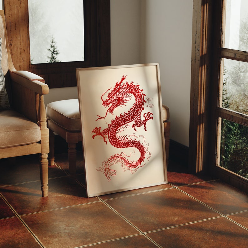 Red Dragon Poster, Japanese Wall Art, Japan Art, Japanese Art, Asian Wall Art