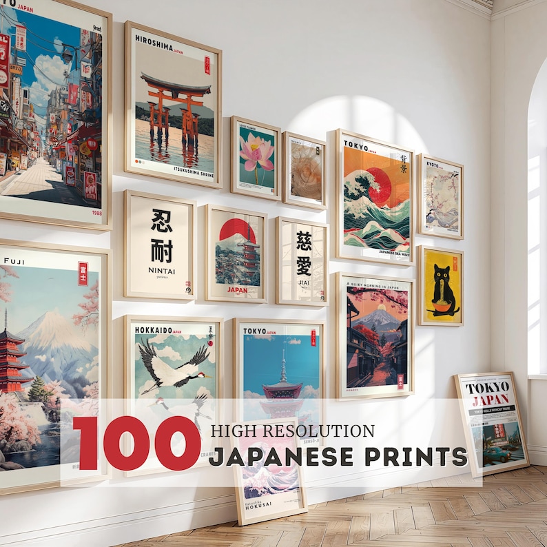 Juego de 100 impresiones de arte mural japonés, arte mural Japandi, póster japonés imprimible, juego de arte mural de galería, regalo de viaje a Japón imagen 1