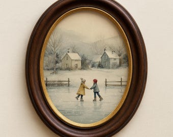 Gemütlicher Winter-Schlittschuhlaufen-Wand-Kunstdruck, verschneite Dorf-Seeszene, nostalgische Winterlandschaft, zugefrorener See-Skatendruck